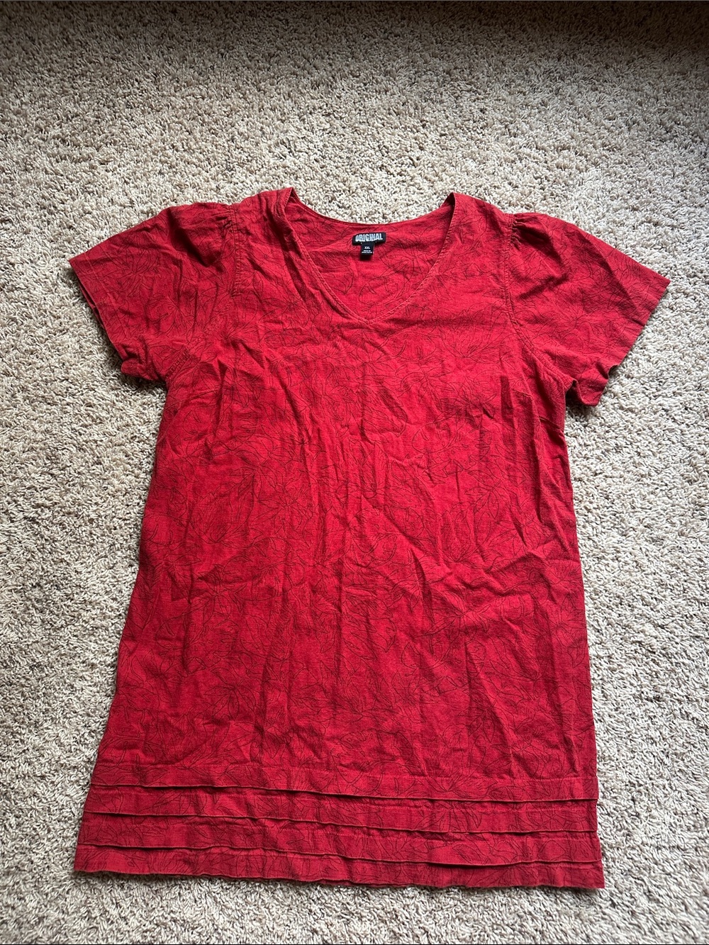Nicole Miller Original - Red V-Neck Linen Blend Short Sleeve Top/Tunic